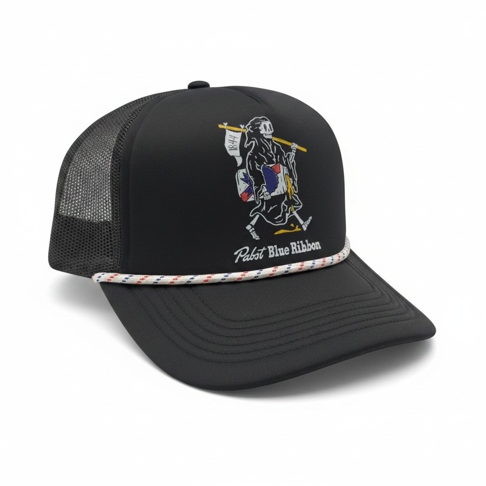 Pabst Blue Ribbon PBR Grim Reaper Trucker Hat Black Snapback Mad Engine Cap NEW